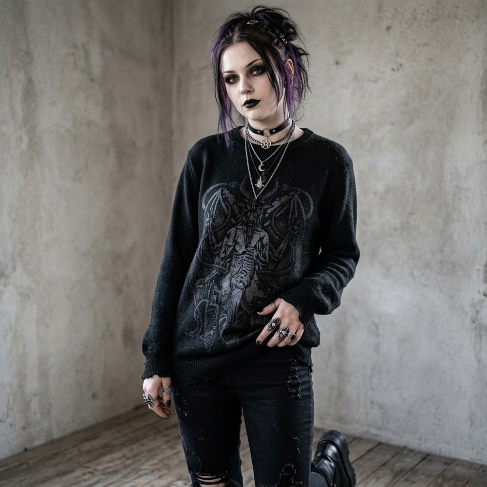 Killstar Womens Sweater Large Black Baphomet Graphic Knit Goth Occult